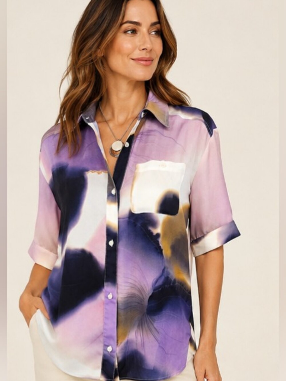 Lysse New York Abstract Watercolor Button Front Tunic Blouse Shirt Artsy Chic